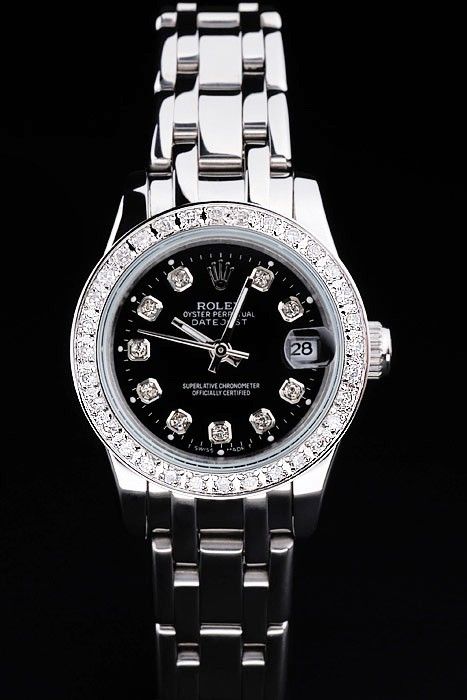 Imitation Rolex Datejust Black Dial SS Bracelet Women's RLX043 Diamonds Chronograph Video