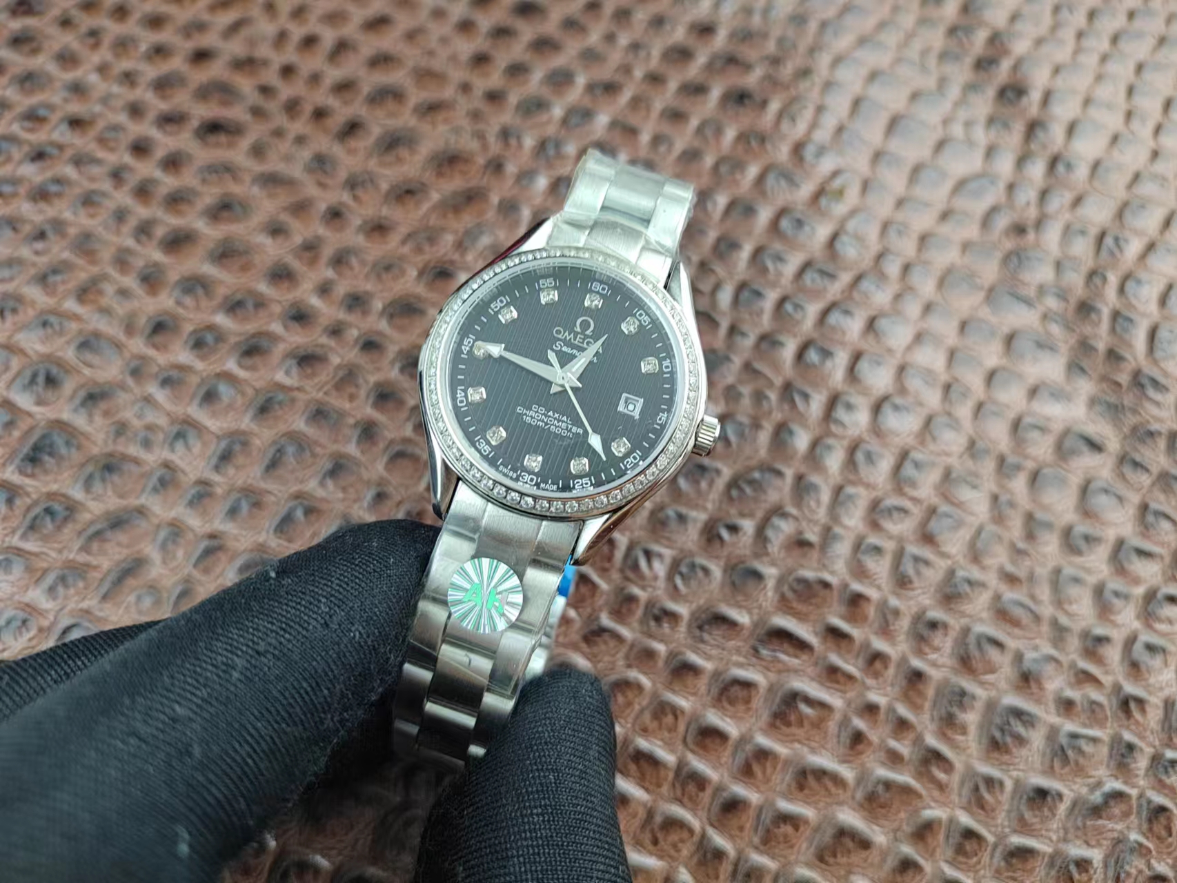 Imitation Omega Seamaster Co-Axial Aqua Terra Diamonds Bezel & Scale Black Dial Women's Stainless Steel OM214 Timing Tool Video