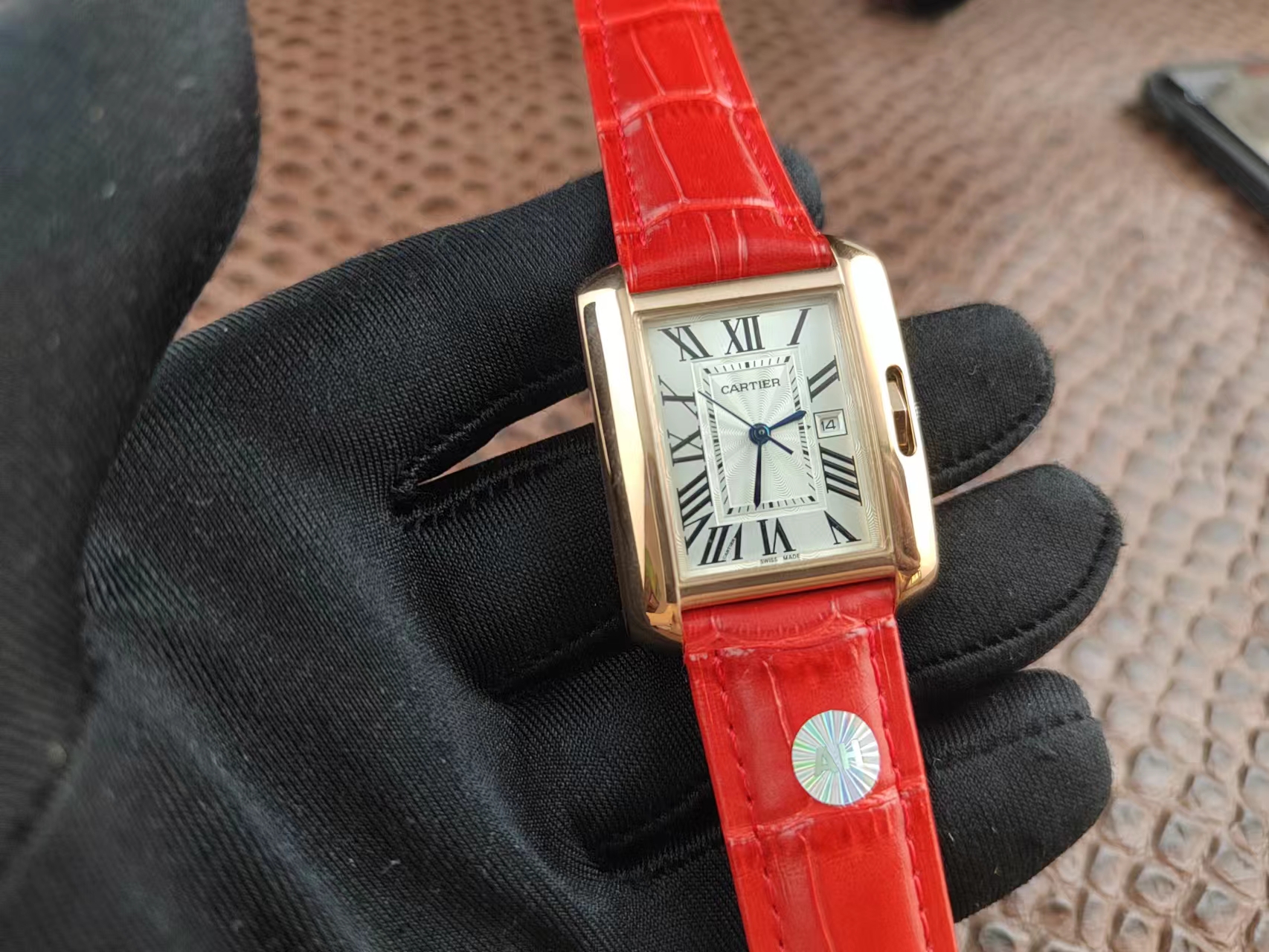 Copy Cartier Rectangle Rose Gold Case Roman Markers Red Leather Strap Women's KDT241 Hour Meter Video