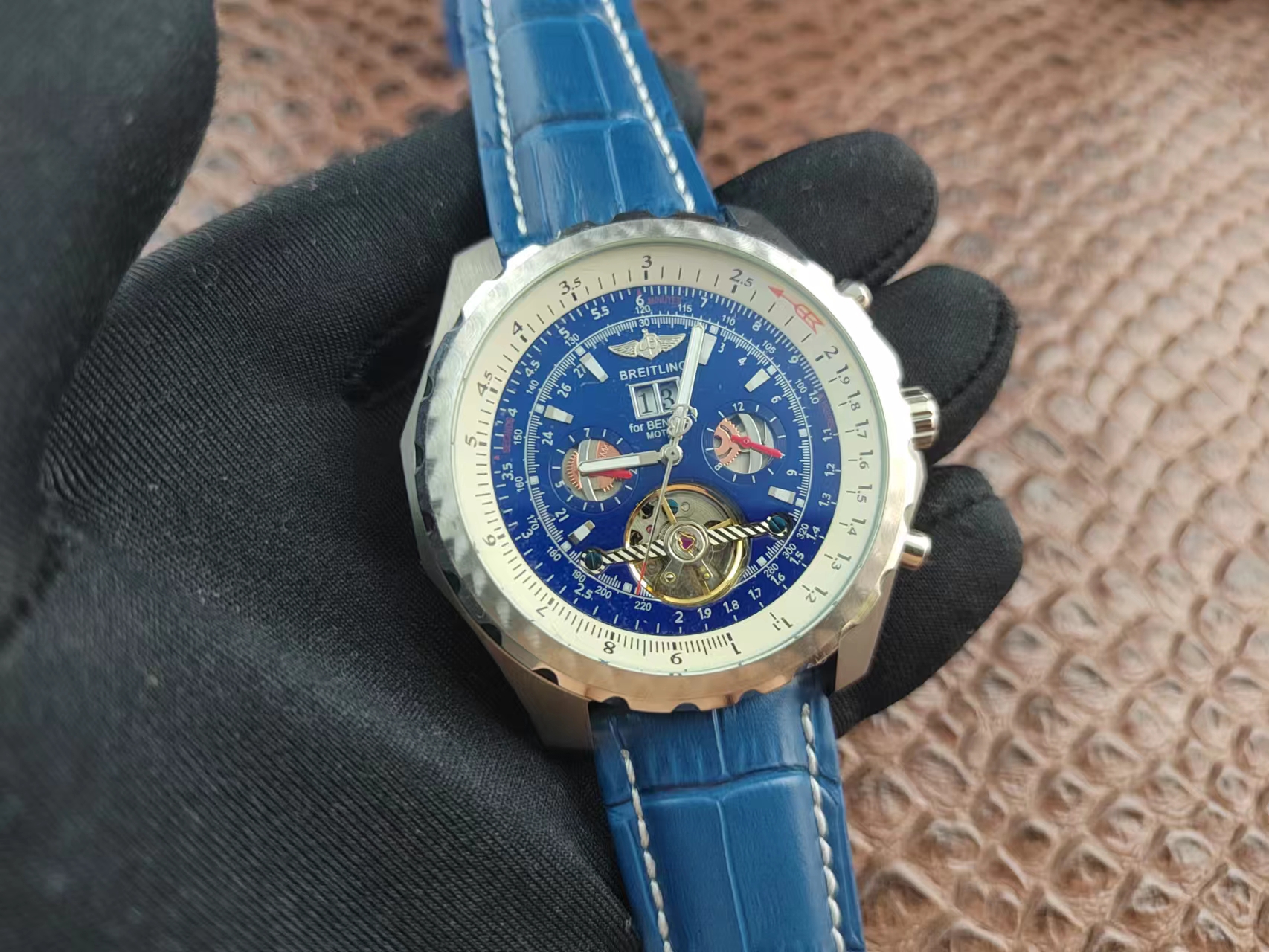 Faux Breitling Bentley Mulliner Blue Dial Stainless Steel Bezel Men's Leather Strap Auto Tourbillon Watch Video