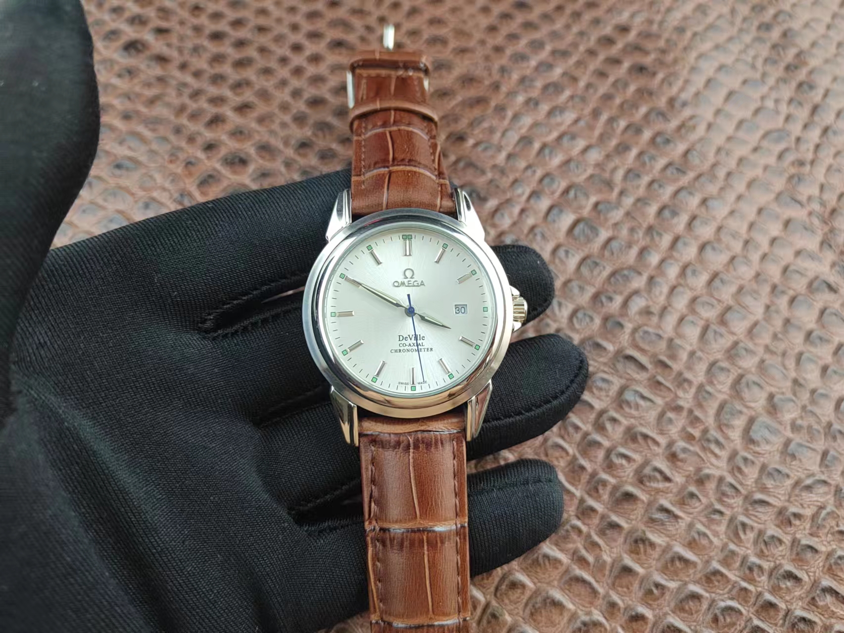 Omega De Ville Chronometer Stick Marker Silver Dial & Case Brown Strap Men's Luminous Watch Video OM110