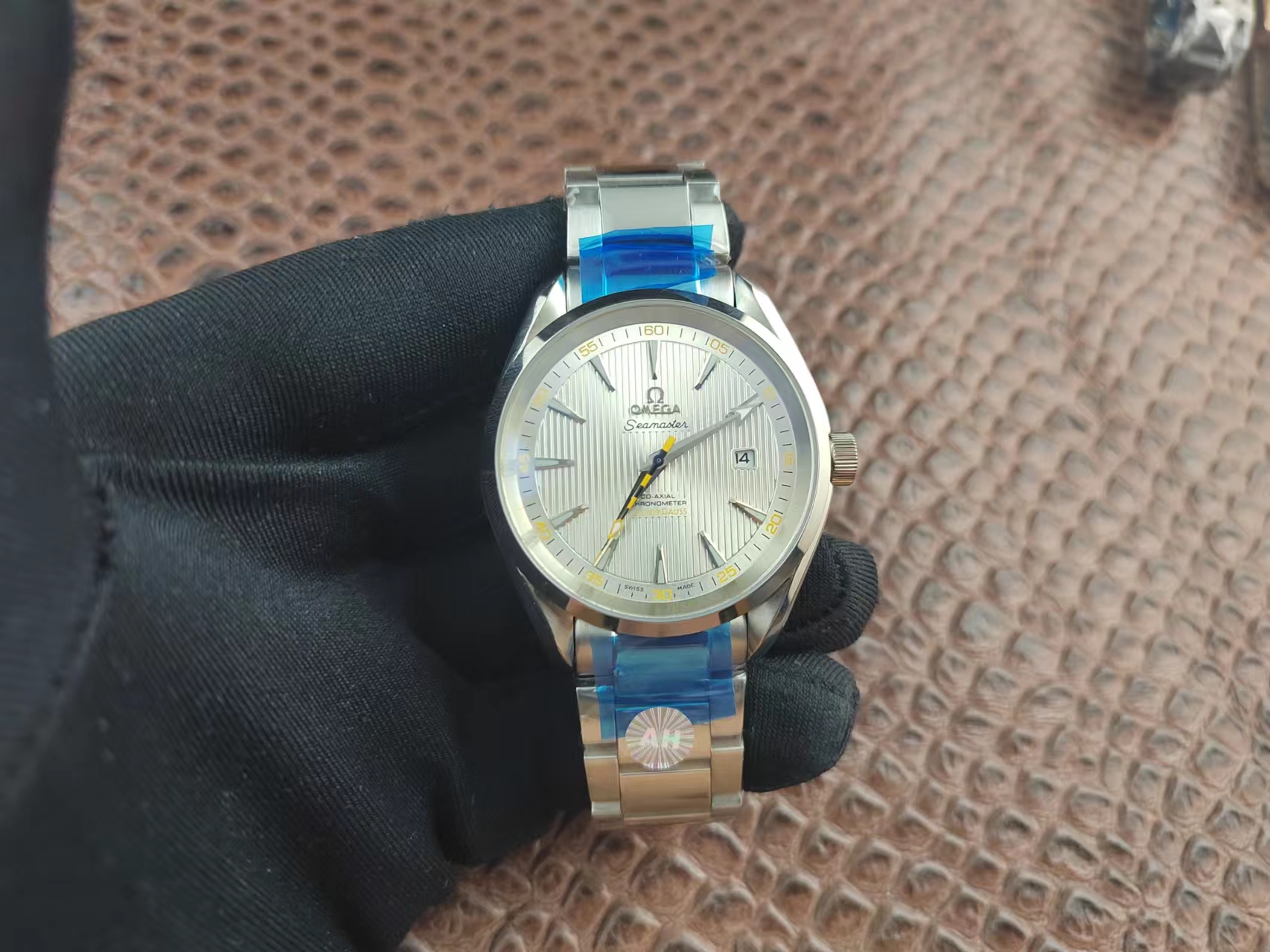 Faux Omega Seamaster Co-Axial Aqua Terra Yellow Second Hand Striated Face Male SS Timer Video OM216