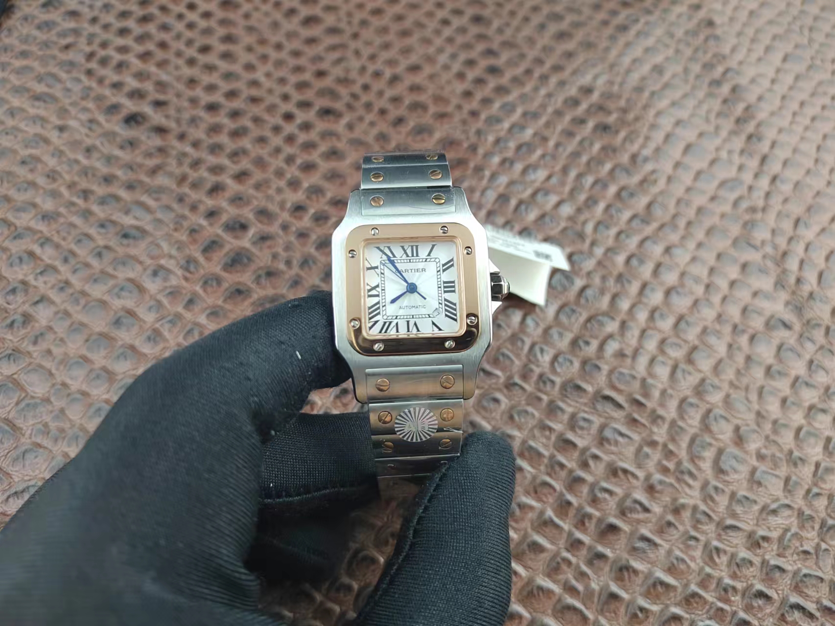 Imitation Cartier Silver 18k Rose Gold And Stainless Steel Santos Galbee Automatic Unisex Wristwatch Video SKDT018