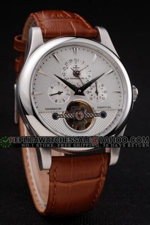 Rep Jaeger-LeCoultre Master Control Tourbillon Silver Frosted Dial Arrow/Dot Scale Dauphine Hand Brown Strap  Perpetuel Watch