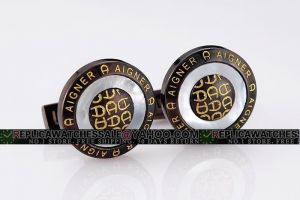 Aigner A Logo on Center And Edge Round Black Cufflinks With silvered flinque Circle CL056