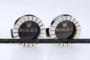 Rolex Logo Black Ion-plated Round Cufflinks With Sunbeam Silver Steel Outer Circle CL082