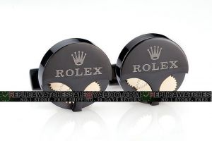 Rolex Round Movement Gears Black Lacquered Cufflinks with Gold Decoration for Gentlemen CL073