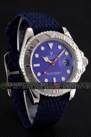  Rolex Yachtmaster Stainless Steel Flexible Bezel Blue Dial Red Second Index Convex Lens Date Window Blue Fabric Band Watch