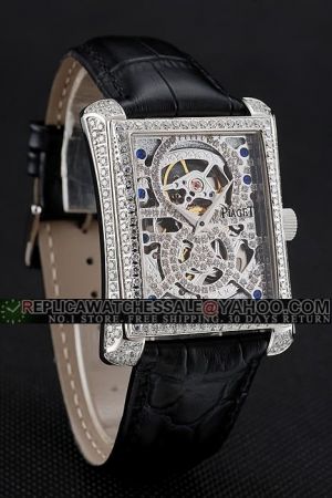 Rep Piaget Emperador Tourbillon Full-set Diamonds Rectangle Case/Skeleton Dial Dauphine Pointer Black Strap Limited Watch G0A30037