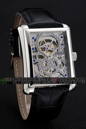 Replica Piaget Emperador Tourbillon 30mm Silver Rectangle Case Full-set Diamonds Skeleton Dial Dauphine Pointer Black Strap Watch