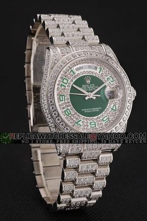 Luxury Rolex Day-date Full-set Diamonds Case/Bracelet Green Dial With Diamonds Inlaid Green Arabic Numerals  Swiss Unisex Watch