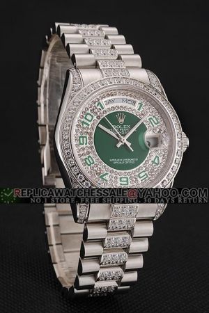 Unisex Rolex Day-date Diamonds Case/Bracelet Green Dial With Diamonds Inlaid Green Arabic Numerals SS Business Swiss Watch