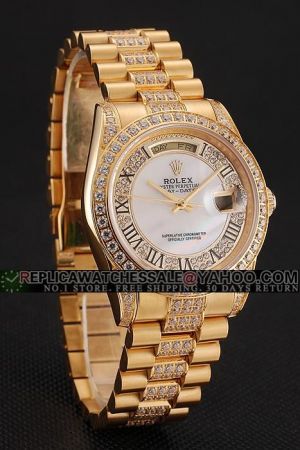 Rolex Day-date Gold Diamonds Case/Bezel/Bracelet White Dial With Diamonds Inlaid Roman Marker Date Week  Watch