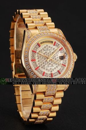 Girls Rolex Day-date 18k Yellow Gold Full Diamonds Case/Dial/Bracelet Rubies Hour Scale Week/Date Display Swiss SS Dress Watch