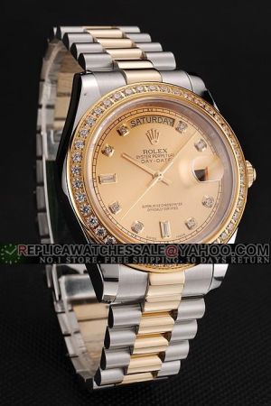 Rolex Day-date Gold Diamonds Bezel/Scale Week/Date Display Two-tone Bracelet Swiss Unisex Wedding Watch