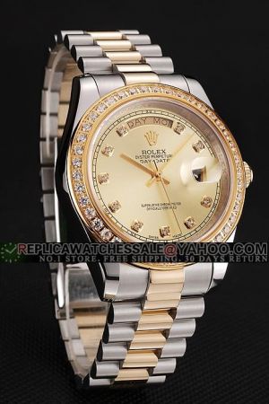 Rolex Day-date Gold Diamonds Bezel/Scale Gold Dial Week/Date Display 2-Tone Bracelet Swiss Movement Fake Watch