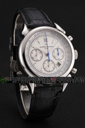 42MM VC Traditionnelle Silver Case Three Sub-dials Blue Second Pointer Roman Stick Marker Date Watch