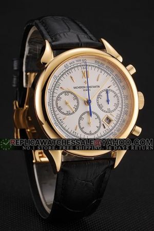 Replica VC Traditionnelle Chronograph Yellow Gold Case/Scale/Hands Three Sub-dials Blue Second Pointer Date Watch
