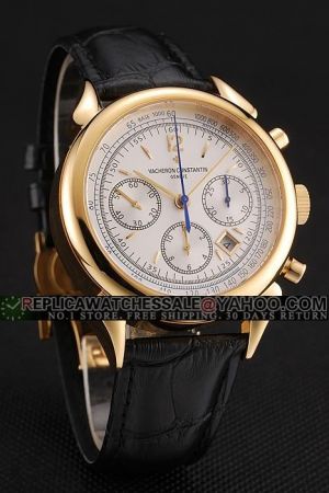Reputable VC Traditionnelle Geneve 18K Yellow Gold Case&Marker Three White Sub-dials Blue Second Hand Chronograph Watch 47111/000J-7522