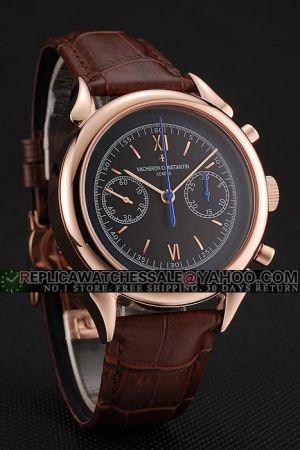 VC Traditionnelle Rose Gold Case/Marker/Hands Black Dial Two Sub-dials Blue Second Hand Chronograph Watch