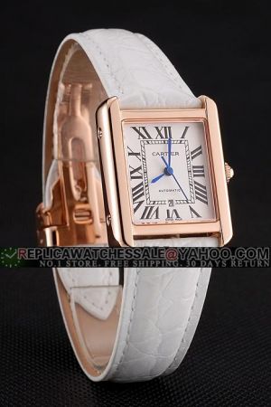 Cartier Couples Swiss Automatic  Tank White Strap Watch SKDT258 Rose Gold Case