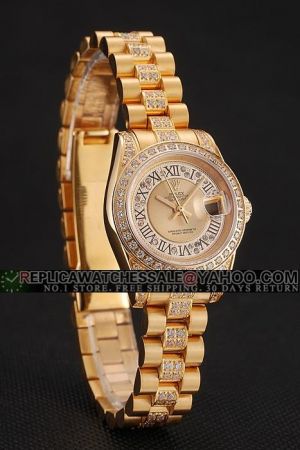 Swiss Rolex Date-just Diamonds Pave Gold Case/Dial/Bracelet Roman Numerals Scale Stick Hands Date Display SS Ladies Watch 1453953