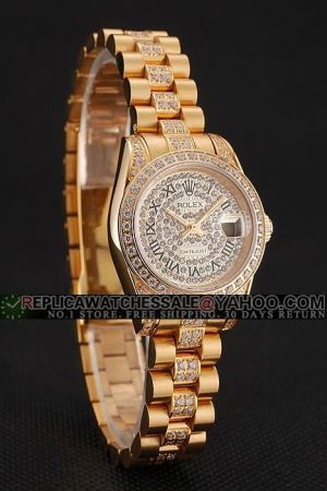 Rolex Datejust Full Diamonds Case/Dial/Bracelet Roman Scale Stick Hands 18k Gold SS Women Date Swiss Watch 1453955