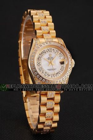 Lady Swiss Rolex Datejust Diamond Case/Bracelet Pearl Dial With Diamonds Inlaid Roman Numerals Date 18k Gold Plated SS Watch 1453957
