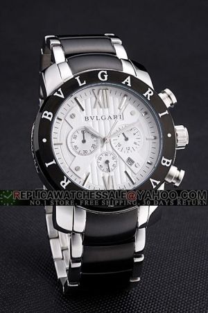 Bvlgari Diagono White Stripe Dial Black Ion-plated Bezel Two Tone Bracelet Chronograph Watch BV083