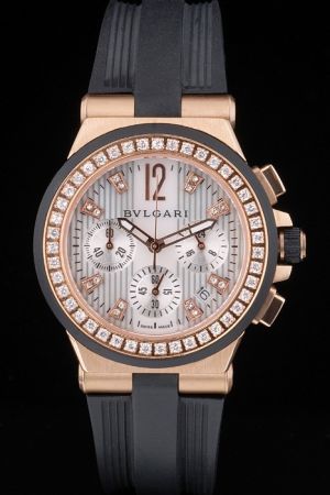 Bvlgari Diagono White Dial Diamonds Bezel Pink Gold Case Black Rubber Strap Quartz Watch BV076