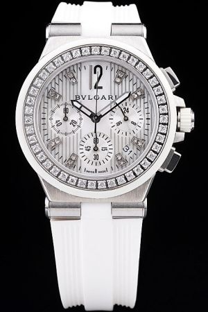 Bvlgari Diagono White Dial White Rubber Strap Diamonds Casual Chronograph Watch Limited Edition BV079