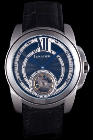 Cartier White Gold Bezel Calibre Tourbillon Dress Watch KDT272 Black Leather Strap