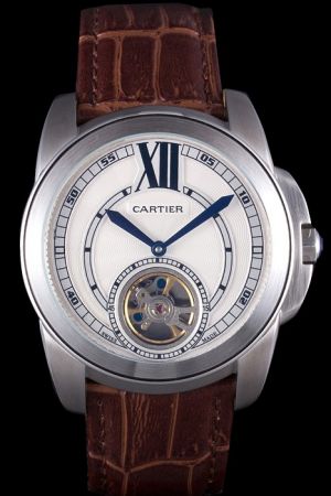 Cartier Calibre W7100003 White Gold Tourbillon Watch KDT273 Lrather Strap Blue Hands