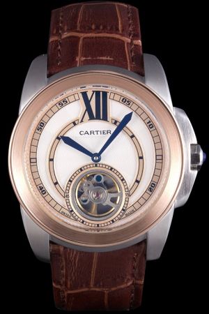 Cartier Rose Gold Calibre Tourbillon Brown Leather Wristband Nice Price  Suits Watch KDT274