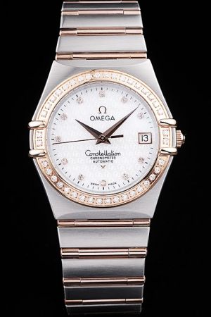 Swiss Omega Constellation Chronometer Rose Gold Diamonds Bezel White Dial With Omega-logo Decorations Diamond Marker Two-tone Bracelet Auto Watch 123.25.38.21.58.001