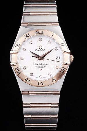 Omega Constellation Rose Gold Bezel With Roman Marker White Guilloche Dial Diamonds Scale Dauphine Pointer Steel Bracelet Copy Watch 123.20.31.20.55.001
