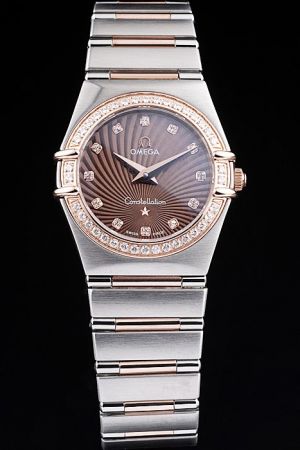 Omega Constellation Rose Gold Diamonds Bezel Brown Guilloche Dial Diamonds Marker Two Hands Two-tone Bracelet Lady Watch 123.25.27.60.63.002