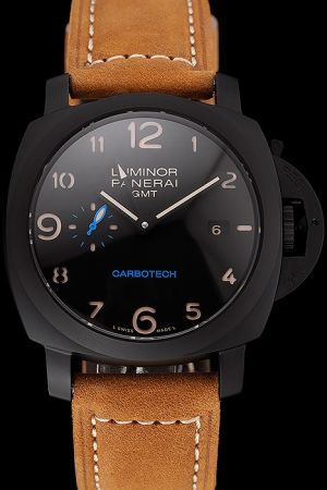 Panerai Luminor PAM00441 Swiss Carbotech Brown Leather Strap Mens Black GMT Date Watch PN128
