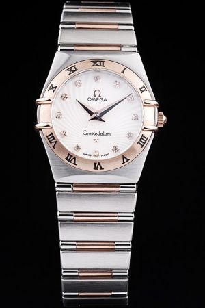 Knockoff Omega Constellation Rose Gold Bezel With Roman Numerals White Guilloche Dial Diamonds Scale Two Dauphine Hand Women Watch 123.20.27.60.55.001