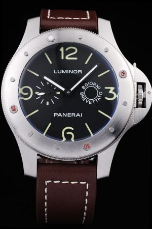 Panerai Luminor 8 Giorni Brevetiato Black Dial Stainless Steel Case Deep Brown Leather Strap Watch PN064