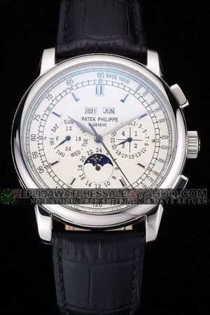 PP Grand Complications Moonphase Glossy Case Three sub-dials Black Strap Date Watch 5270G-013