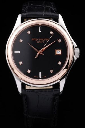 Swiss Patek Philippe Calatrava Rose Gold Bezel Black Face Diamonds Scale Watch