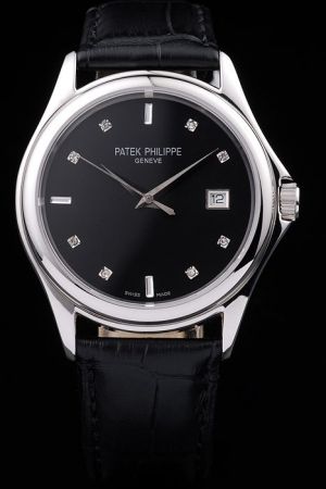 Patek Philippe Calatrava Silver Case Diamonds Marker Black Dial&Strap Fake Watch 5227G-010