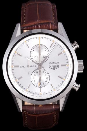 Swiss Tag Heuer SLR Silver Dial Stick Scale Brown Strap Quartz Chronograph Watch 