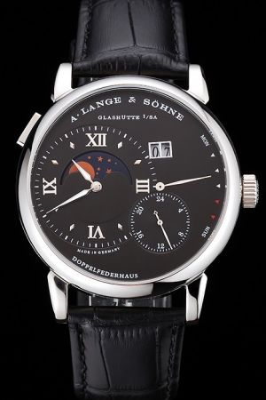 A. Lange & Sohne 139.035 Moon Phase Black Dial Silver Case Black Leather Strap Watch Replica ASL011