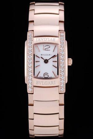 Bvlgari Assioma White Dial Rectangle Diamonds Bezel Rose Gold Plated Bracelet Ladies Watch BV070