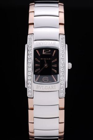 Bvlgari Assioma Timepiece Black Dial Diamonds Stainless Steel Bezel Two Tone Bracelet Watch BV072