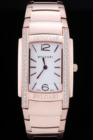 Bvlgari Rectangle White Dial Diamonds Bezel 18-ct Pink Gold Women's Watch Limited Edition BV095