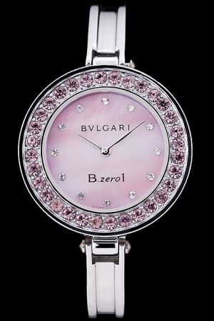 Bvlgari B.zero1 Luxury Shinning Rare Collection Pink Dial Pink Crystals Case Stainless Steel Bangle Watch BV033