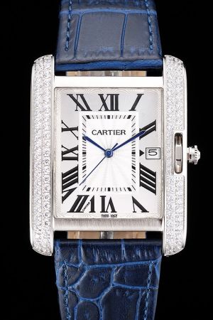 Cartier Date Tank Medium Size Quartz Black Leather Strap Watch KDT227 Diamonds Bezel